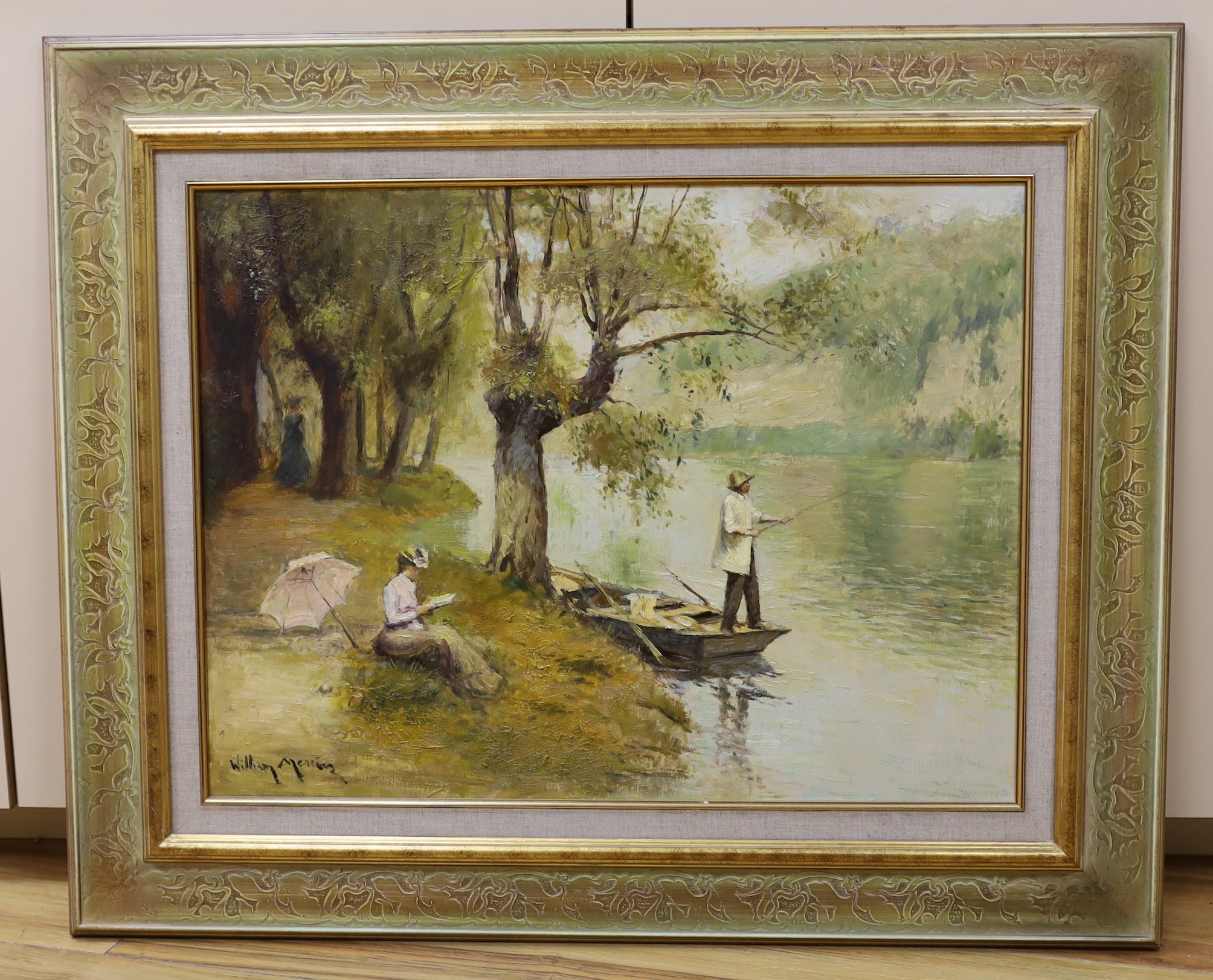 William Mernier, oil on canvas, Riverside scene, signed, 45 x 60cm